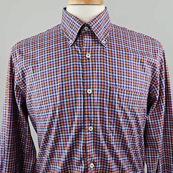 Peter Millar Men's Button-Down Plaid Checkered Shirt Purple Orange | Medium - Picture 1 of 12